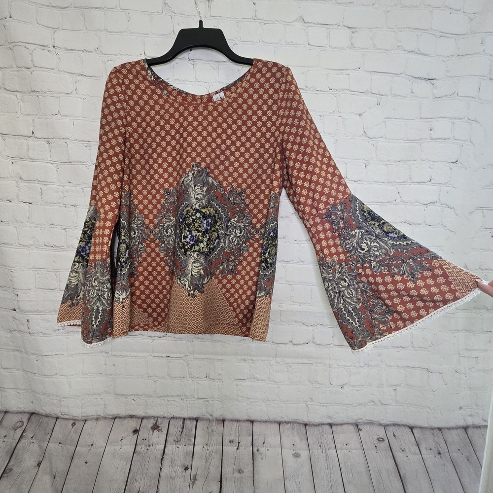 Boho cottagecore whimsigoth autumn toned paisley bell sleeve top Size medium